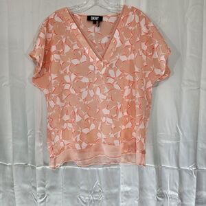 DKNY Large Orange and Pink Cuffed Sleeve Blouse